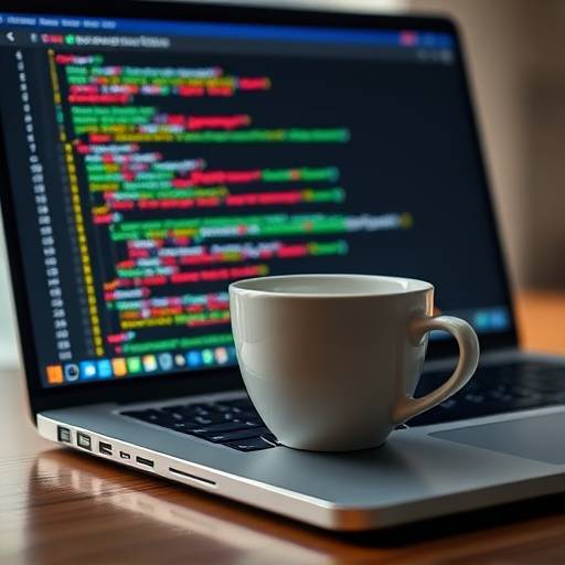 Podcast cover art for 'Code & Coffee' featuring a laptop, a cup of coffee, and lines of code.