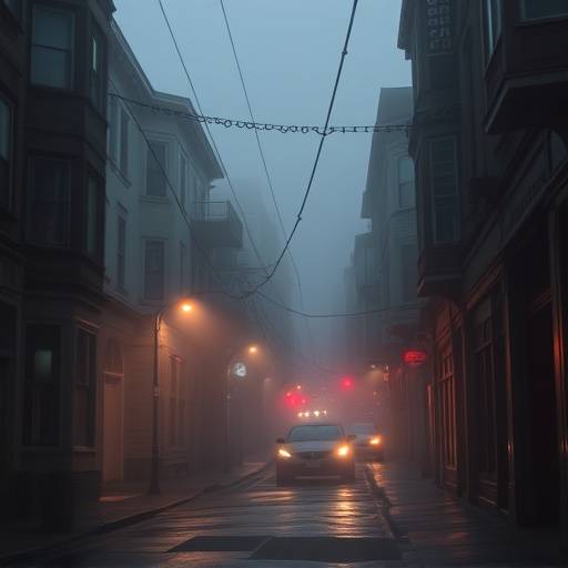 Podcast cover art for 'Crime Scene SF' featuring a foggy alleyway in San Francisco.