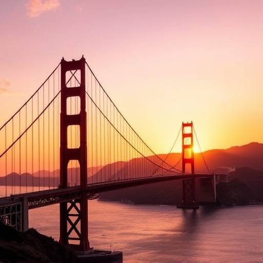 Podcast cover art for 'Golden Gate Stories' featuring an image of the Golden Gate Bridge at sunset.